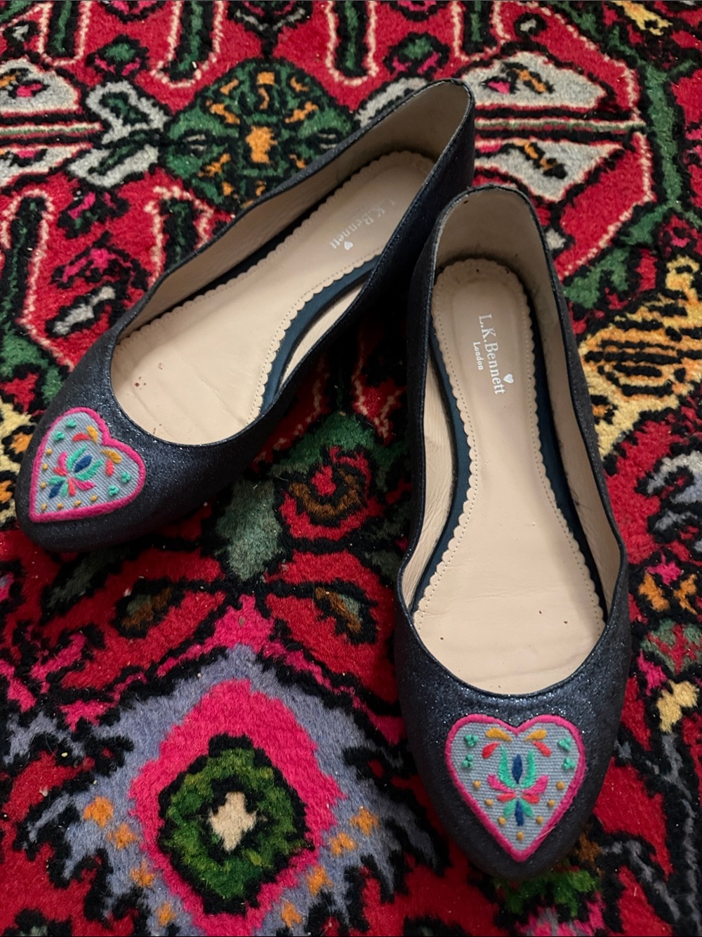 LK Bennett Navy Pointed-Toe Flats with Multicolor Heart Motif